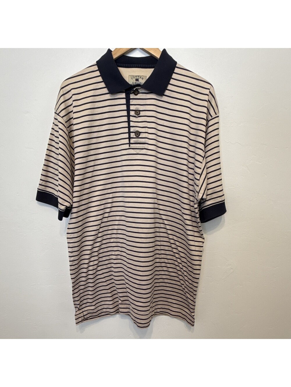 Cutter & Buck Men's Polo Shirt L Beige/Navy Striped Cotton Short Sleeve